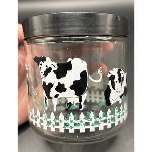 Vintage Black And White Cow Fence Clear Glass Canister Jar Screw Lid Country